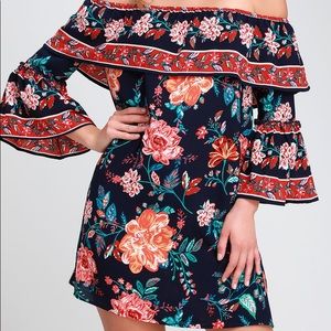LuLus Navy Floral Print Off-the-Shoulder Dress